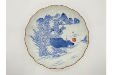 上手物　江戸後期　染付　山水図　約22cm　7寸　金の縁がアクセントになる上品な雰囲気溢れる中皿2枚セット(和皿、和食器、七寸)(R-071490)