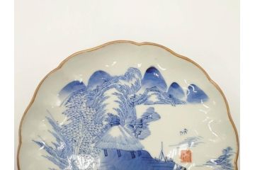 上手物　江戸後期　染付　山水図　約22cm　7寸　金の縁がアクセントになる上品な雰囲気溢れる中皿2枚セット(和皿、和食器、七寸)(R-071490)