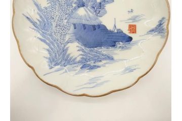 上手物　江戸後期　染付　山水図　約22cm　7寸　金の縁がアクセントになる上品な雰囲気溢れる中皿2枚セット(和皿、和食器、七寸)(R-071490)