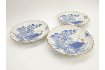 上手物　江戸後期　染付　山水図　約22cm　7寸　金の縁がアクセントになる上品な雰囲気溢れる中皿3枚セット(和皿、和食器、七寸)(R-071491)