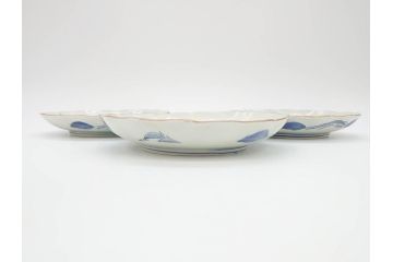 上手物　江戸後期　染付　山水図　約22cm　7寸　金の縁がアクセントになる上品な雰囲気溢れる中皿3枚セット(和皿、和食器、七寸)(R-071491)