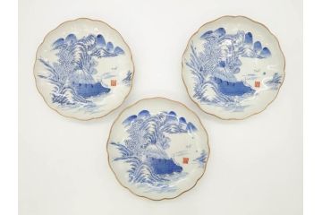 上手物　江戸後期　染付　山水図　約22cm　7寸　金の縁がアクセントになる上品な雰囲気溢れる中皿3枚セット(和皿、和食器、七寸)(R-071491)