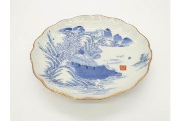 上手物　江戸後期　染付　山水図　約22cm　7寸　金の縁がアクセントになる上品な雰囲気溢れる中皿3枚セット(和皿、和食器、七寸)(R-071491)