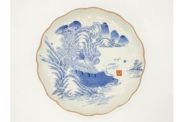 上手物　江戸後期　染付　山水図　約22cm　7寸　金の縁がアクセントになる上品な雰囲気溢れる中皿3枚セット(和皿、和食器、七寸)(R-071491)