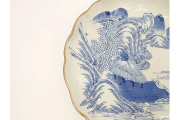 上手物　江戸後期　染付　山水図　約22cm　7寸　金の縁がアクセントになる上品な雰囲気溢れる中皿3枚セット(和皿、和食器、七寸)(R-071491)
