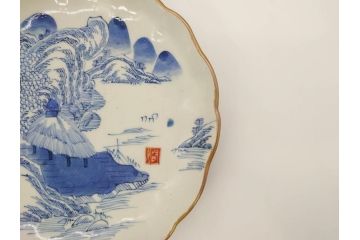 上手物　江戸後期　染付　山水図　約22cm　7寸　金の縁がアクセントになる上品な雰囲気溢れる中皿3枚セット(和皿、和食器、七寸)(R-071491)