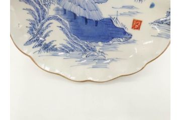 上手物　江戸後期　染付　山水図　約22cm　7寸　金の縁がアクセントになる上品な雰囲気溢れる中皿3枚セット(和皿、和食器、七寸)(R-071491)