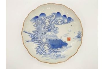 上手物　江戸後期　染付　山水図　約22cm　7寸　金の縁がアクセントになる上品な雰囲気溢れる中皿3枚セット(和皿、和食器、七寸)(R-071491)