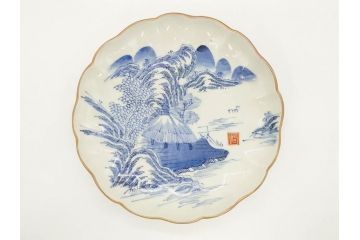 上手物　江戸後期　染付　山水図　約22cm　7寸　金の縁がアクセントになる上品な雰囲気溢れる中皿3枚セット(和皿、和食器、七寸)(R-071491)