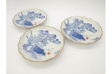 上手物　江戸後期　染付　山水図　約22cm　7寸　金の縁がアクセントになる上品な雰囲気溢れる中皿3枚セット(和皿、和食器、七寸)(R-071492)