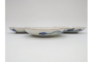 上手物　江戸後期　染付　山水図　約22cm　7寸　金の縁がアクセントになる上品な雰囲気溢れる中皿3枚セット(和皿、和食器、七寸)(R-071492)
