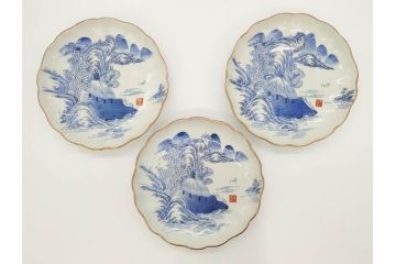 上手物　江戸後期　染付　山水図　約22cm　7寸　金の縁がアクセントになる上品な雰囲気溢れる中皿3枚セット(和皿、和食器、七寸)(R-071492)