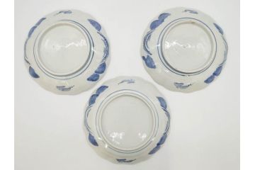 上手物　江戸後期　染付　山水図　約22cm　7寸　金の縁がアクセントになる上品な雰囲気溢れる中皿3枚セット(和皿、和食器、七寸)(R-071492)