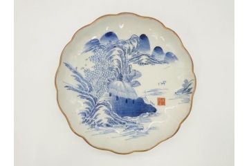 上手物　江戸後期　染付　山水図　約22cm　7寸　金の縁がアクセントになる上品な雰囲気溢れる中皿3枚セット(和皿、和食器、七寸)(R-071492)