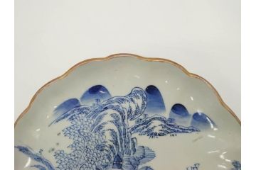 上手物　江戸後期　染付　山水図　約22cm　7寸　金の縁がアクセントになる上品な雰囲気溢れる中皿3枚セット(和皿、和食器、七寸)(R-071492)