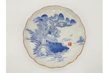 上手物　江戸後期　染付　山水図　約22cm　7寸　金の縁がアクセントになる上品な雰囲気溢れる中皿3枚セット(和皿、和食器、七寸)(R-071492)