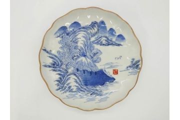 上手物　江戸後期　染付　山水図　約22cm　7寸　金の縁がアクセントになる上品な雰囲気溢れる中皿3枚セット(和皿、和食器、七寸)(R-071492)