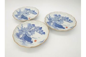 上手物　江戸後期　染付　山水図　約22cm　7寸　金の縁がアクセントになる上品な雰囲気溢れる中皿3枚セット(和皿、和食器、七寸)(R-071493)