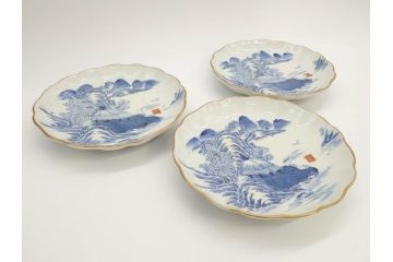上手物　江戸後期　染付　山水図　約22cm　7寸　金の縁がアクセントになる上品な雰囲気溢れる中皿3枚セット(和皿、和食器、七寸)(R-071493)