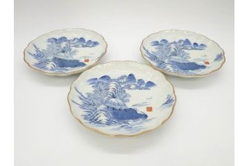 上手物　江戸後期　染付　山水図　約22cm　7寸　金の縁がアクセントになる上品な雰囲気溢れる中皿3枚セット(和皿、和食器、七寸)(R-071493)