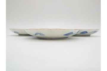 上手物　江戸後期　染付　山水図　約22cm　7寸　金の縁がアクセントになる上品な雰囲気溢れる中皿3枚セット(和皿、和食器、七寸)(R-071493)