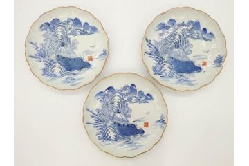 上手物　江戸後期　染付　山水図　約22cm　7寸　金の縁がアクセントになる上品な雰囲気溢れる中皿3枚セット(和皿、和食器、七寸)(R-071493)