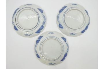 上手物　江戸後期　染付　山水図　約22cm　7寸　金の縁がアクセントになる上品な雰囲気溢れる中皿3枚セット(和皿、和食器、七寸)(R-071493)