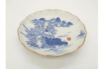 上手物　江戸後期　染付　山水図　約22cm　7寸　金の縁がアクセントになる上品な雰囲気溢れる中皿3枚セット(和皿、和食器、七寸)(R-071493)