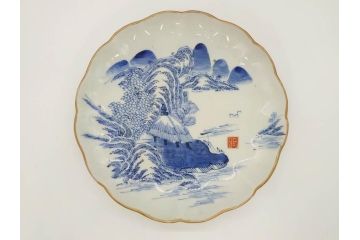 上手物　江戸後期　染付　山水図　約22cm　7寸　金の縁がアクセントになる上品な雰囲気溢れる中皿3枚セット(和皿、和食器、七寸)(R-071493)