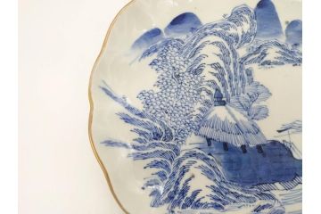 上手物　江戸後期　染付　山水図　約22cm　7寸　金の縁がアクセントになる上品な雰囲気溢れる中皿3枚セット(和皿、和食器、七寸)(R-071493)