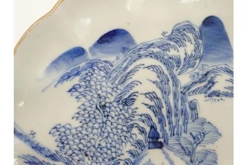 上手物　江戸後期　染付　山水図　約22cm　7寸　金の縁がアクセントになる上品な雰囲気溢れる中皿3枚セット(和皿、和食器、七寸)(R-071493)