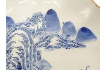 上手物　江戸後期　染付　山水図　約22cm　7寸　金の縁がアクセントになる上品な雰囲気溢れる中皿3枚セット(和皿、和食器、七寸)(R-071493)