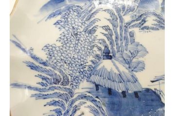 上手物　江戸後期　染付　山水図　約22cm　7寸　金の縁がアクセントになる上品な雰囲気溢れる中皿3枚セット(和皿、和食器、七寸)(R-071493)