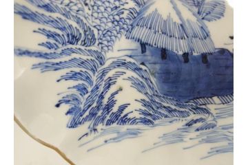 上手物　江戸後期　染付　山水図　約22cm　7寸　金の縁がアクセントになる上品な雰囲気溢れる中皿3枚セット(和皿、和食器、七寸)(R-071493)