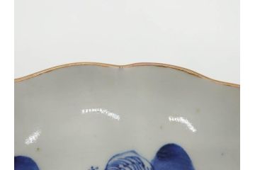 上手物　江戸後期　染付　山水図　約22cm　7寸　金の縁がアクセントになる上品な雰囲気溢れる中皿3枚セット(和皿、和食器、七寸)(R-071493)