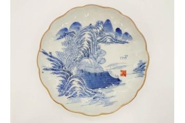 上手物　江戸後期　染付　山水図　約22cm　7寸　金の縁がアクセントになる上品な雰囲気溢れる中皿3枚セット(和皿、和食器、七寸)(R-071493)