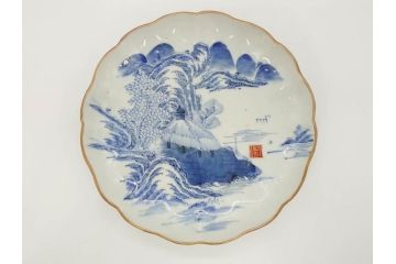 上手物　江戸後期　染付　山水図　約22cm　7寸　金の縁がアクセントになる上品な雰囲気溢れる中皿3枚セット(和皿、和食器、七寸)(R-071493)