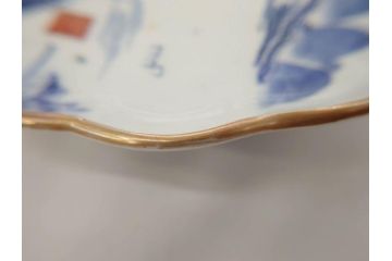 上手物　江戸後期　染付　山水図　約22cm　7寸　金の縁がアクセントになる上品な雰囲気溢れる中皿3枚セット(和皿、和食器、七寸)(R-071493)