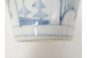 江戸後期　古伊万里　染付　枠絵羊歯文　優しい色合いが魅力的なそば猪口3客セット(シダ、蕎麦猪口、湯呑み、湯のみ、和食器)(R-071496)