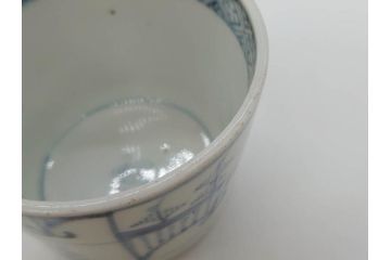 江戸後期　古伊万里　染付　枠絵羊歯文　優しい色合いが魅力的なそば猪口3客セット(シダ、蕎麦猪口、湯呑み、湯のみ、和食器)(R-071496)