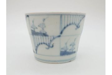 江戸後期　古伊万里　染付　枠絵羊歯文　優しい色合いが魅力的なそば猪口3客セット(シダ、蕎麦猪口、湯呑み、湯のみ、和食器)(R-071496)