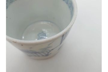 江戸後期　古伊万里　染付　枠絵羊歯文　優しい色合いが魅力的なそば猪口3客セット(シダ、蕎麦猪口、湯呑み、湯のみ、和食器)(R-071497)
