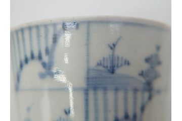 江戸後期　古伊万里　染付　枠絵羊歯文　優しい色合いが魅力的なそば猪口3客セット(シダ、蕎麦猪口、湯呑み、湯のみ、和食器)(R-071497)