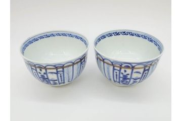 明治期?　伊万里　染付　約11cm　3.6寸　丸いフォルムがぽってりしていて可愛らしい茶碗2客セット(和食器、三寸六分)(R-071498)