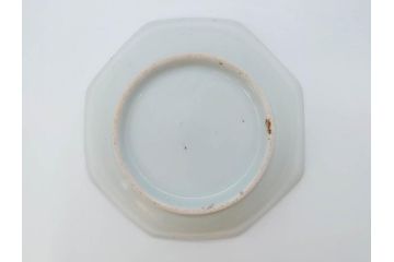 江戸期　古伊万里　染付　編笠文　約15cm　4.9寸　珍しい図柄と藍色の濃淡が印象的な八角皿3枚セット(編み笠、傘、カサ、かさ、変形皿、深皿、和皿、和食器、四寸九分)(R-071499)