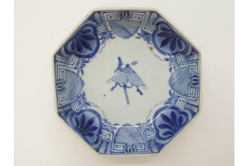 江戸期　古伊万里　染付　編笠文　約15cm　4.9寸　珍しい図柄と藍色の濃淡が印象的な八角皿3枚セット(編み笠、傘、カサ、かさ、変形皿、深皿、和皿、和食器、四寸九分)(R-071499)