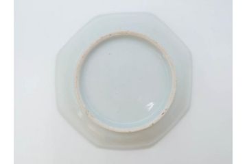 江戸期　古伊万里　染付　編笠文　約15cm　4.9寸　珍しい図柄と藍色の濃淡が印象的な八角皿3枚セット(編み笠、傘、カサ、かさ、変形皿、深皿、和皿、和食器、四寸九分)(R-071499)
