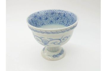 江戸後期?　伊万里　染付　線描　手描きの温かみが感じられる盃洗(松竹梅文、杯洗、高台鉢、フルーツボウル、コンポート、和食器)(R-071503)