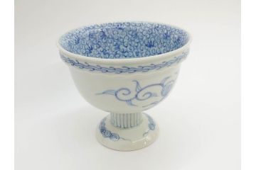 江戸後期?　伊万里　染付　線描　手描きの温かみが感じられる盃洗(松竹梅文、杯洗、高台鉢、フルーツボウル、コンポート、和食器)(R-071503)