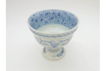 江戸後期?　伊万里　染付　線描　手描きの温かみが感じられる盃洗(松竹梅文、杯洗、高台鉢、フルーツボウル、コンポート、和食器)(R-071503)